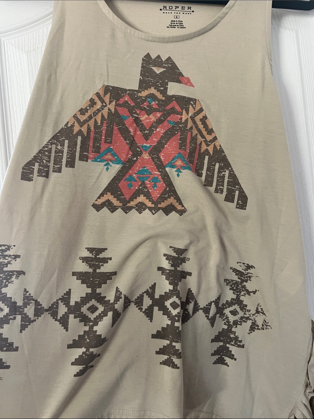 Roper Beige Tribal Thunderbird Fringe Tank Top - Picture 3 of 5
